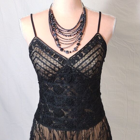 Sue Wong Y2K Black Gold Floral Crochet Lace Tank Midi Slip Dress Size 8 - Picture 4 of 17